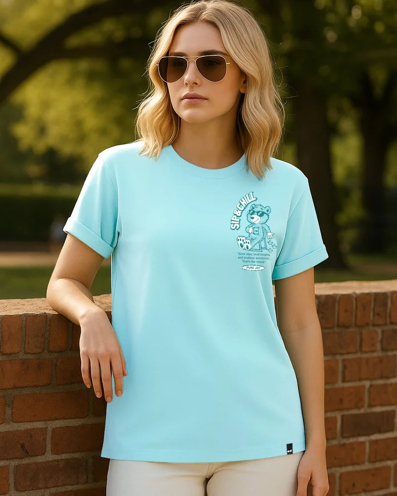 bewakoof Women's Aqua Sky Blue Sip Chill Graphic Printed Boyfriend T-shirt